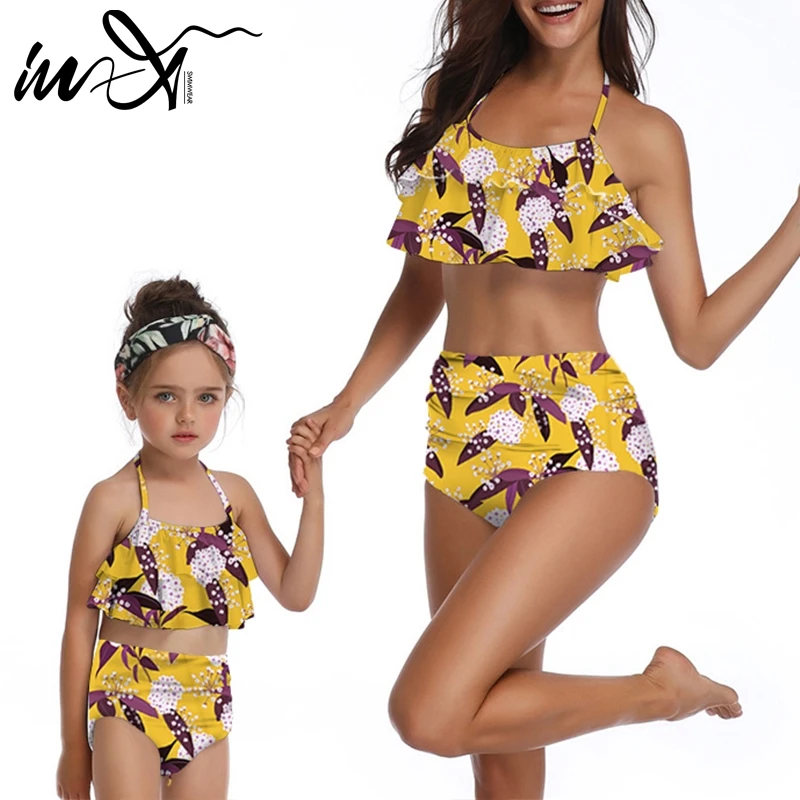 

In-X Family matching high waist bikini 2019 Ruffles girls swimwear women Floral print swimsuit female sexy bathing suit Kids XL