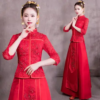 

Chinese Traditional Flower Embroidery Cheongsam Full Length Marriage Dress Suit Red New Handmade Beads Women Qipao Vestidos