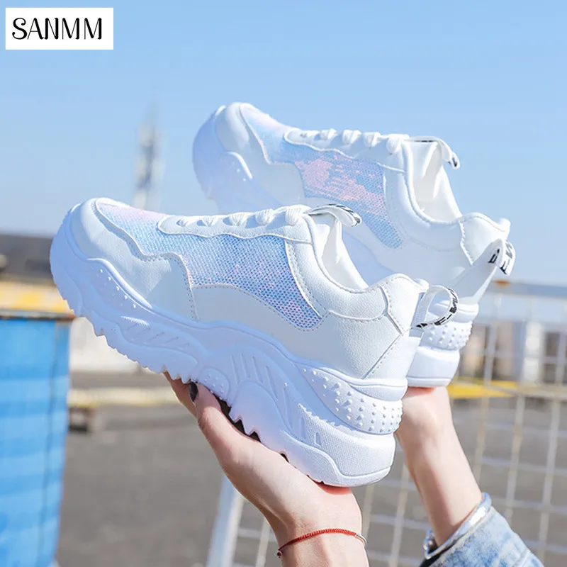 

SANMM Women Spring Autumn Lace-Up Casual Walking Shoes Non-Slip Flat Platform Bling Sneakers Woman AZ74