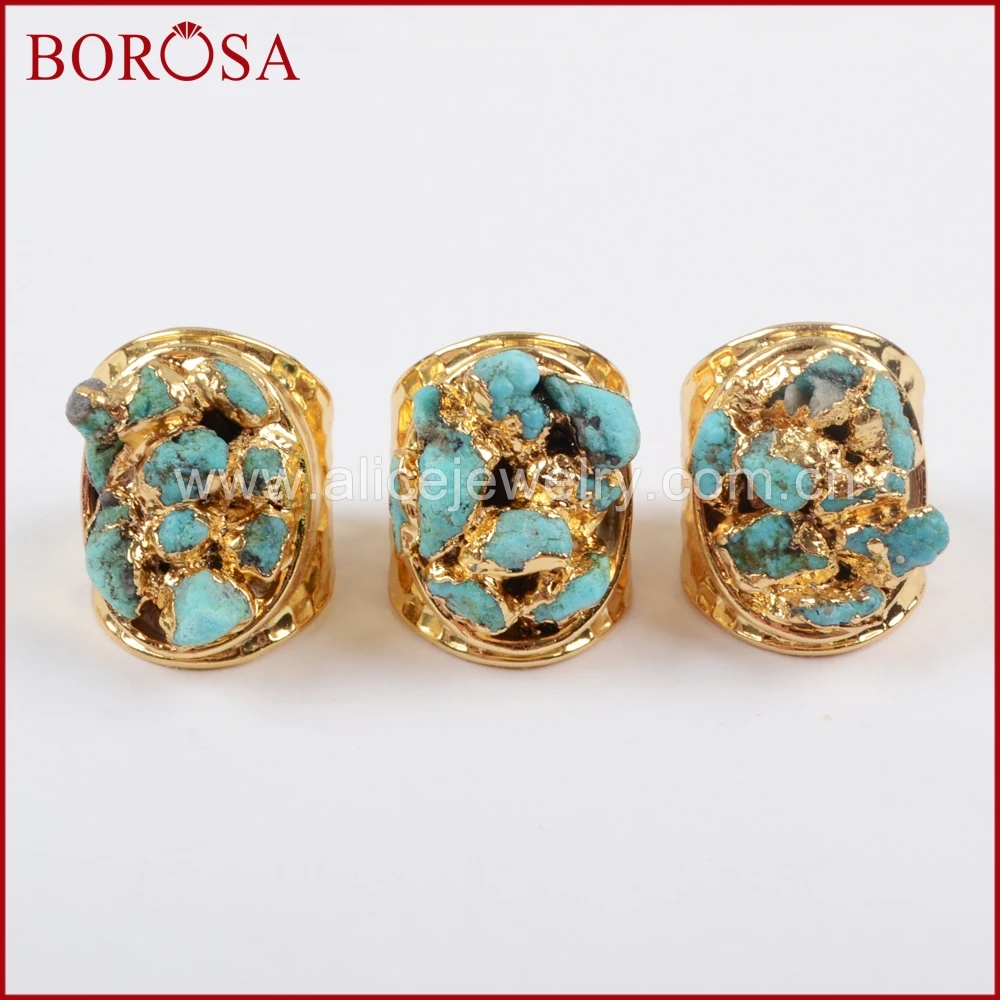 

BOROSA 2018 Fashion Gold Color Rough Natural Turquoises Chips Ring, Fashion Natural Blue Stone Druzy Jewelry Party Rings G1433
