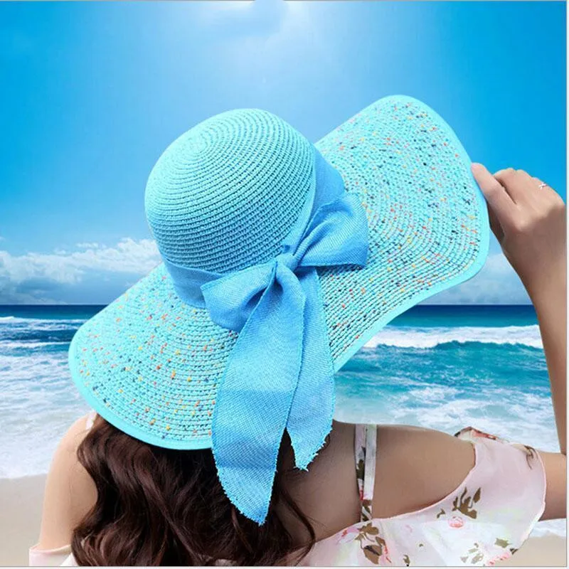 Summer Straw Hat Women Big Wide Brim Beach Hat Foldable Sun Block UV Protection
