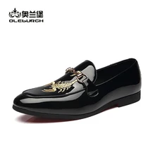 

OLEBURGH Brand New Men's Fashion Patent Leather Embroidery Loafers Mens Casual Black Shoes Party Driving Flats Big Size 38-48