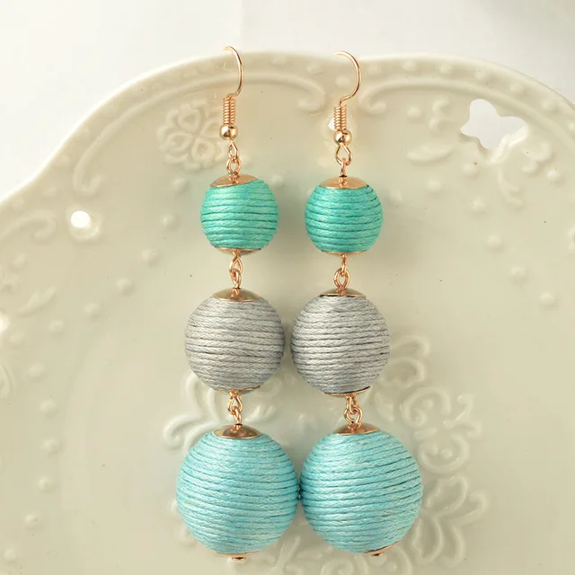 Thread Ball Dangle Earrings Triple Dangle Earrings Drop Earrings Beaded