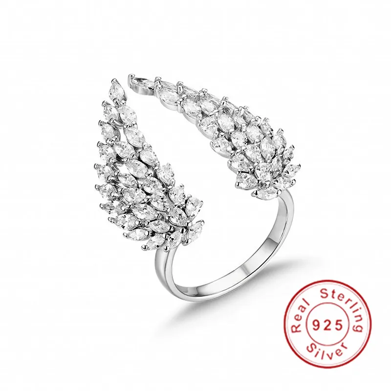 Изумрудно-любимой Регулировка размера 925 пробы серебро Для женщин кольцо в форме ангельских крыльев свадебное кольцо для женщин кольцо из белого имитация Ювелирные изделия с алмазами