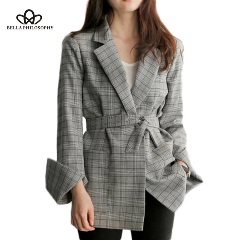 

2018 New Autumn Women Gray Plaid Office Lady Blazer Fashion Bow Sashes Split Sleeve Jackets Elegant Work Blazers Feminino