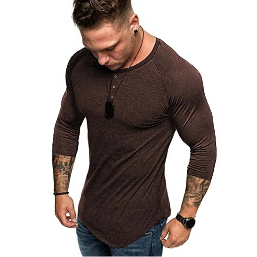Men's 3/4 Sleeve Tshirt Henley Collar Solid Tee Shirt Streetwear Slim Stylish Hipster Tshirt Male Three Quarter Sleeve Clothes T - Цвет: Brown