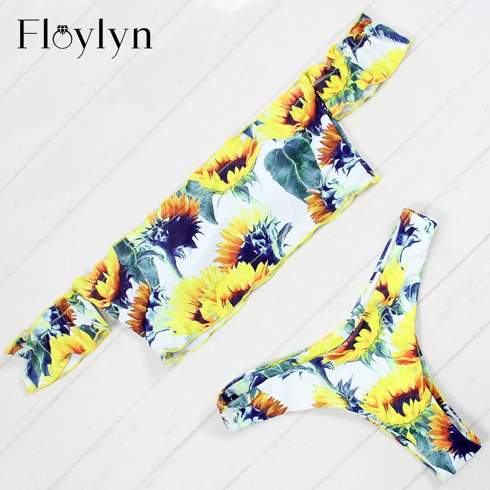 

Floylyn Sunflower Print Off Shoulder Thong Bikini Swimwear Summer Bathing Suit Swimming Suits for Women Padded Biquini