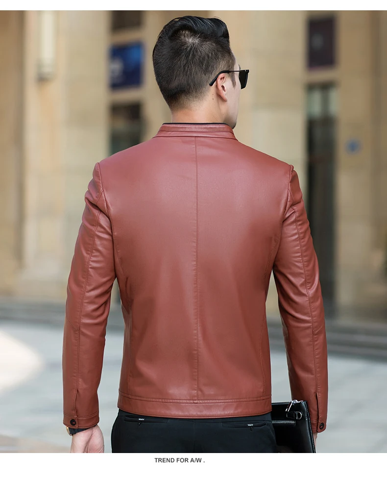 Men Casual Imitation Leather Jackets Stand Collar Zipper Outerwear Black Dark Green Orange Man Faux Leather Coat Motorcycle Bomber Jacket (13)