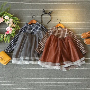 

2017 Autumn Girl Princess Dress Toddler Mushroom Ear Collar Plaid Dress Korean Version Mesh Patchwork Clothes Festa Vestidos