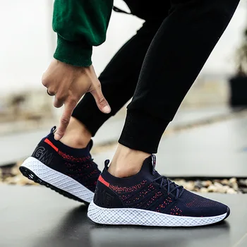

2019 spring and summer trend new flying woven men's shoes breathable mesh casual breathable comfortable lace up lazy shoes