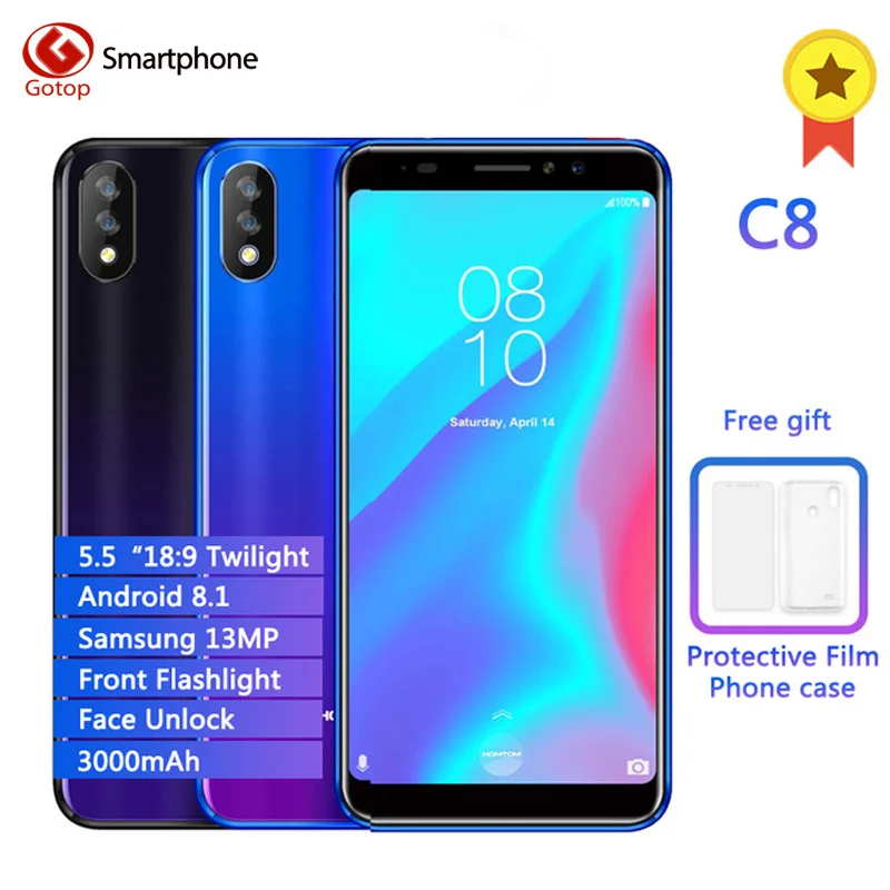 

HOMTOM C8 5.5" HD+ 4G Smartphone 3000mAh 2GB RAM 16GB ROM Android 8.1 Quad Core Face ID Dual Back Cameras Mobile Phone