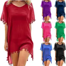 New Women Beachwear Swimwear Tassel Bikini Cover Up Summer Kaftan Beach Dress Bathing Suits Summer Mini Dress Loose Solid Pareo