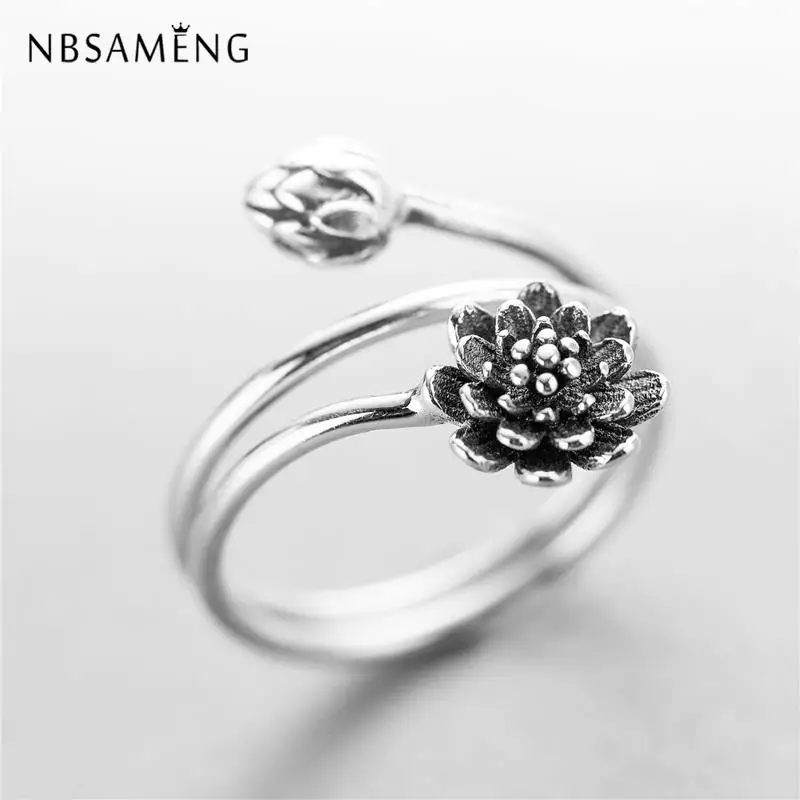 

NBsameng 100% 925 Sterling Silver Vintage Winding Lotus Flower Open Rings For Women Orientalism Lady Sterling-silver-jewelry