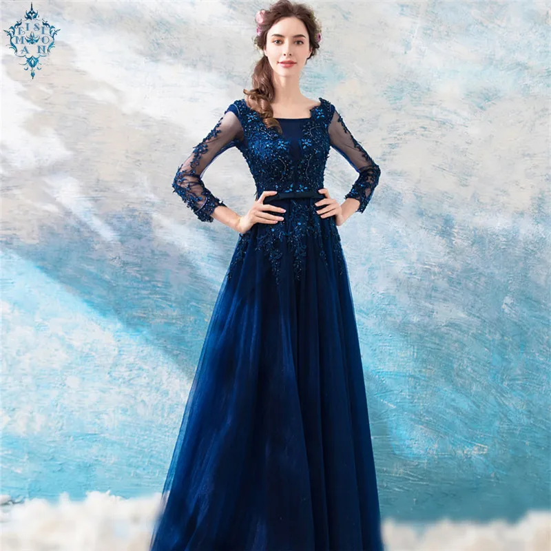 

Ameision Full Sleeve Luxury Evening Dresses Flower Embroidery Tulle Floor Length Sexy BacklessPearls Formal Dress