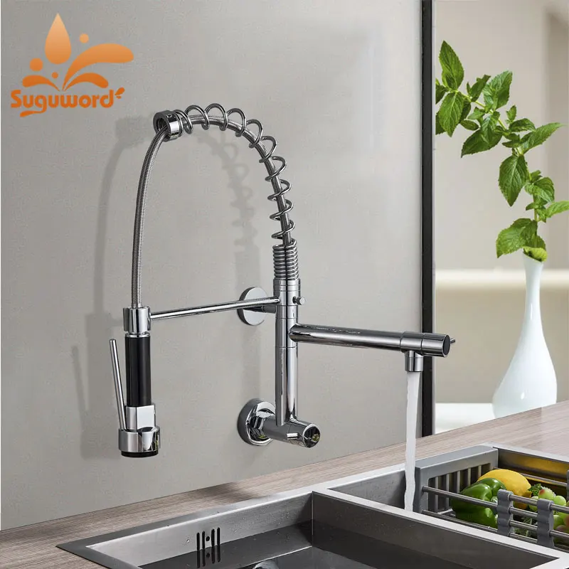 

LED or not Wall Mount Spring Kitchen Faucet Single Cold Torneira Mixer Tap Deck Mounted Chrome Crane pull Dwon and Rotation