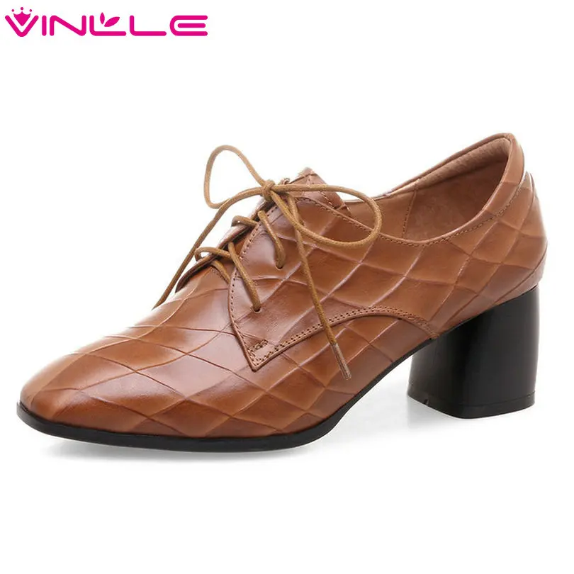 

VINLLE 2018 Women Pumps Pointed Toe Genuine Leather Patchwork Lace Up Square High Heel Black Ladies Wedding Shoes Size 34-42