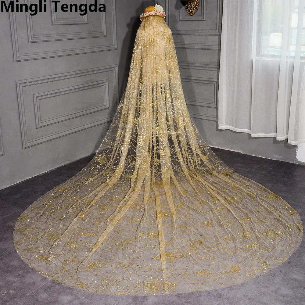 

3.5M*3M Long Cathedral Wedding Veil One Layer Wedding Veils Champagne Cut Edge Bridal Veils with Comb velo novia Mingli Tengda