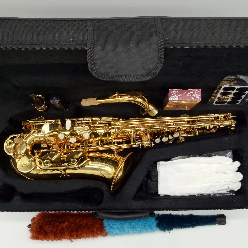 

Saxophone Alto SeleS AXOS Musical Instruments Professional Alto Sax Gold Lacquer Mouthpiece Patches Pads Reed Bend Neck