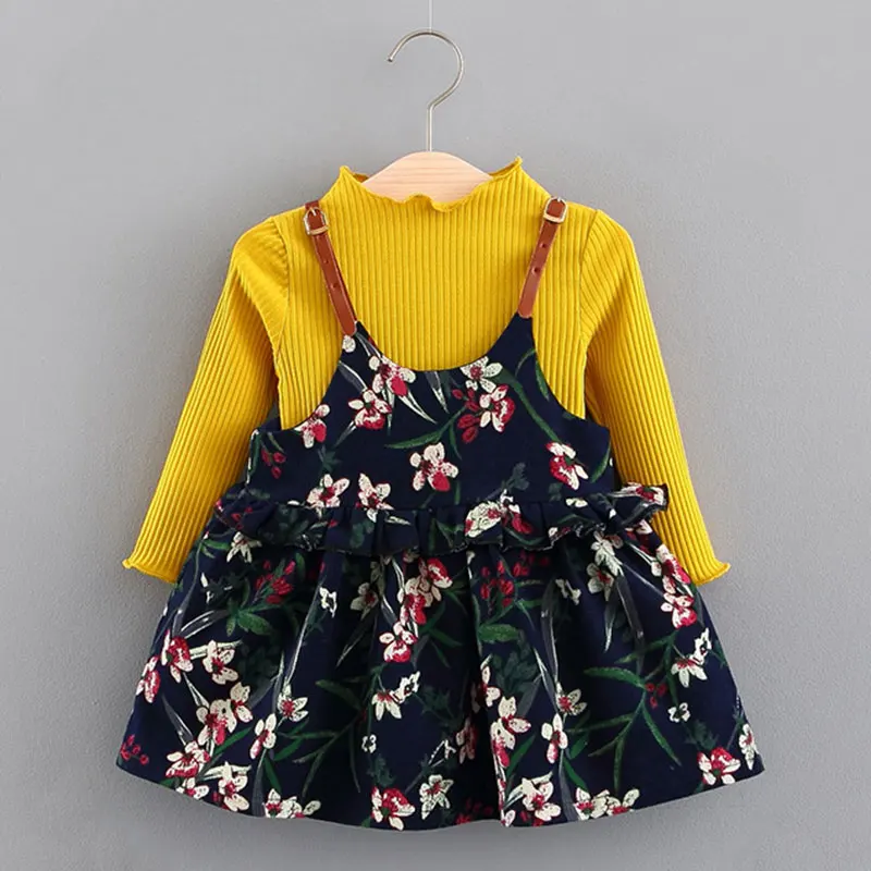 Bear leader/платье для девочек, Новая Осенняя блузка для маленьких девочек, платье с цветочным принтом+ рубашка с вырезом лодочкой, 2 предмета, одежда для детей 6-24 месяцев - Цвет: Yellow ax320