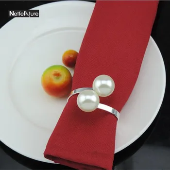 

6Pcs New Simple Style Pearl Napkin Rings Serviette Holder Round Rings For Wedding Party Banquet Hotel Kitchen Table Decoration