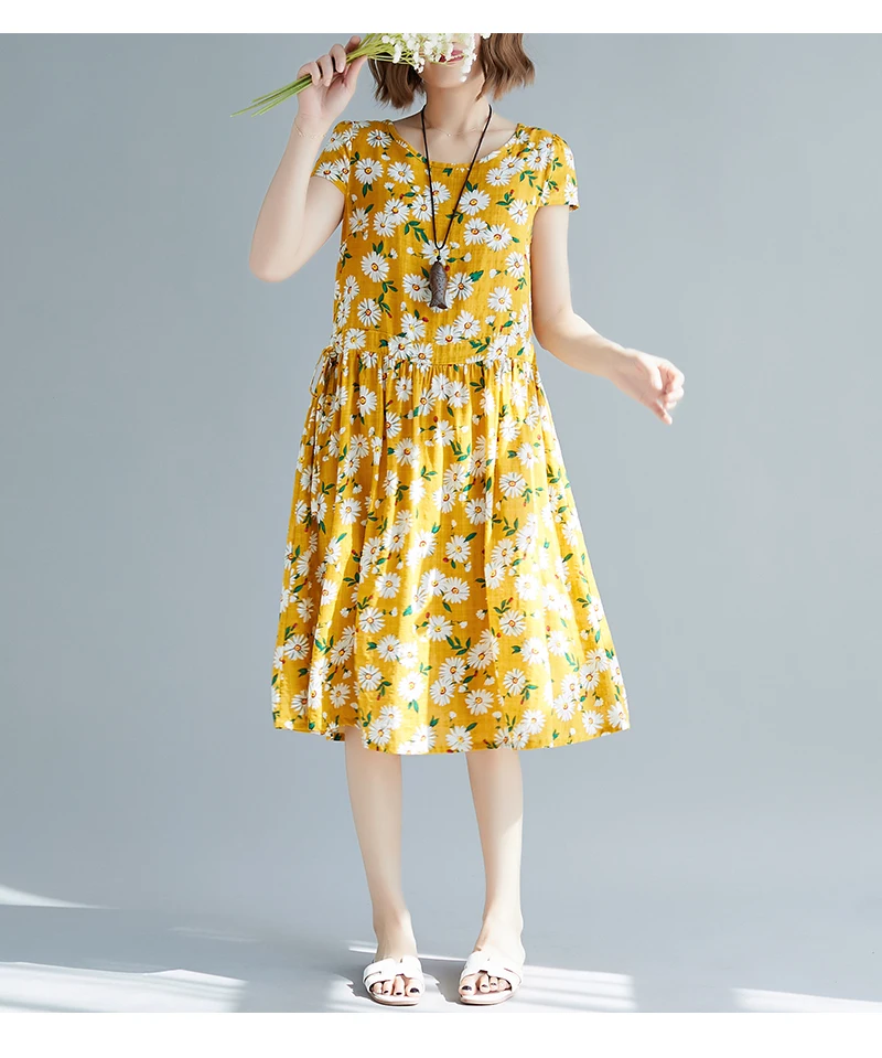 Summer Dresses Women 2019 Vintage Floral Print Cotton Linen Women Dress Elegant Short Sleeve Casual A-line Maxi Long Dress      1