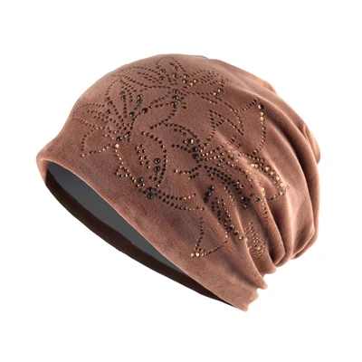 TQMSMY Brand Women's Beanie Lily Flower Rhinestones Hat Women Shine Velvet Kintted Skullies Cap Female Beanie Beanies Cap TMDH59 - Цвет: BROWN