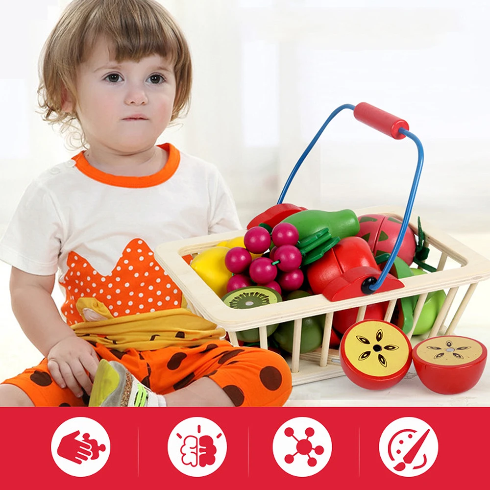 

Kitchen Food Toy 12pcs/14pcs Cutting Fruit/Vegetable Wooden Play Food Toy Children Play House Kitchen Toy with Basket gift