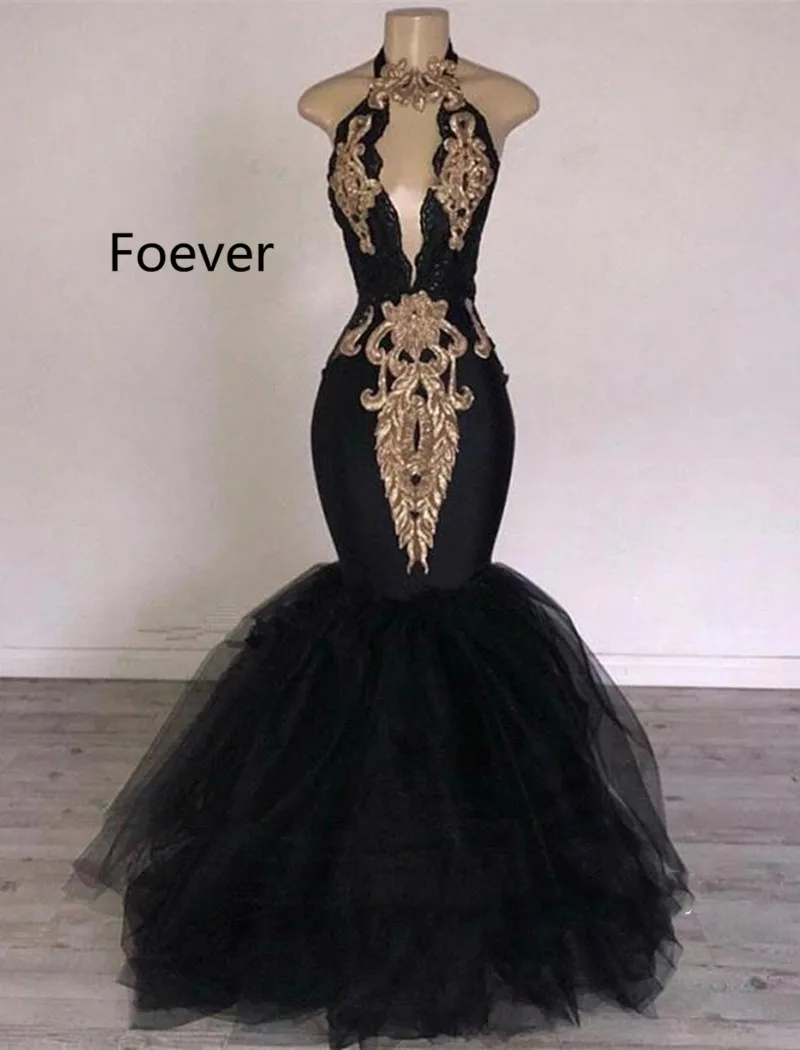 Новинка, Черное длинное платье для выпускного вечера, большие размеры,, сексуальное платье с лямкой через шею, с аппликацией, с открытой спиной, Тюлевое вечернее платье vestidos