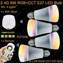 4x MiLight 8W E27 RGBWW Color Temperature Dimmable LED Bulb AC85-260V +1x WiFi iBox1 Lamp +1x 2.4G Wireless 4-Zone Touch Remote