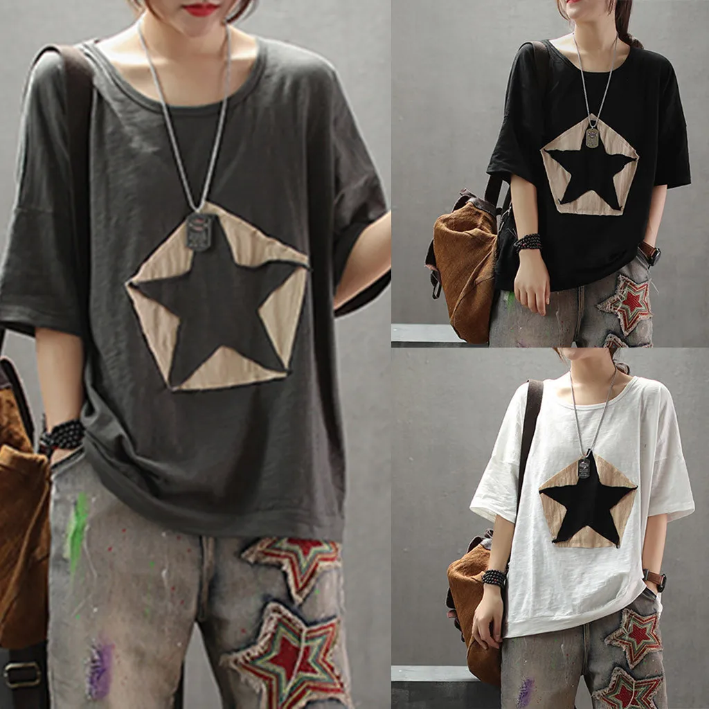 

feitong 2019 summer Beach Female Sexy Tops TeeWomen's Loose Five-Pointed Star Patch Round Neck Short-Sleeved T-Shirt Plus Size