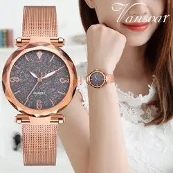 Роскошные розовое золото для женщин часы Кристалл женский нержавеющая сталь сетки кварцевые наручные часы Montre Femme 2018 изысканный женские