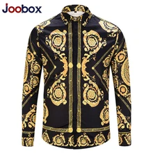 Черная рубашка с золотым принтом, новинка, приталенные вечерние рубашки в стиле барокко, Клубная Мужская рубашка Camisa Homem, мужская рубашка с длинным рукавом, Размер 2XL, хип-хоп