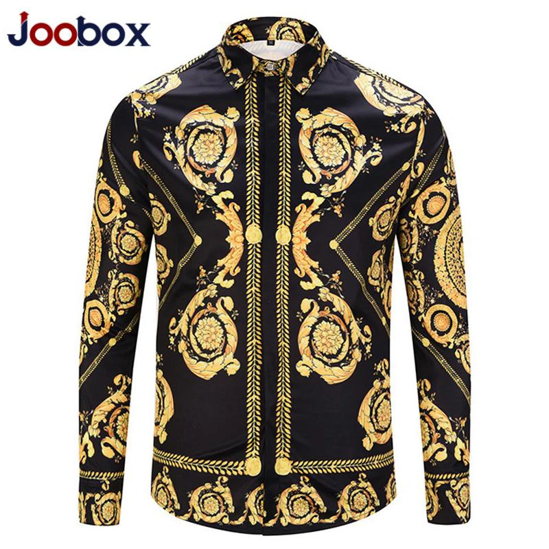 Black Gold Print Shirt 2019 New Baroque Slim Fit Party Club Shirt Men ...