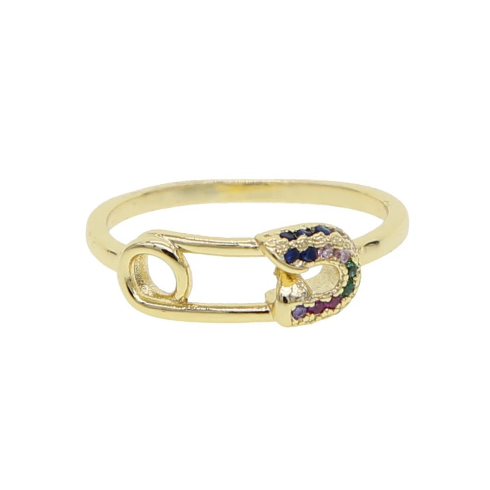 

New arrived unique gold filled pin shapr ring jewelry rainbow CZ engegament safety pin rings for women girls lady wedding gift