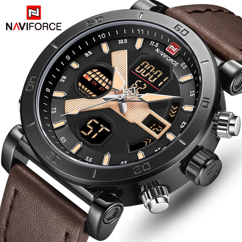 

NAVIFORCE TOP Luxury Brand Sport Watches Men Leather Waterproof Army Military Digital Quartz Analog Wrist Watch Man Clock