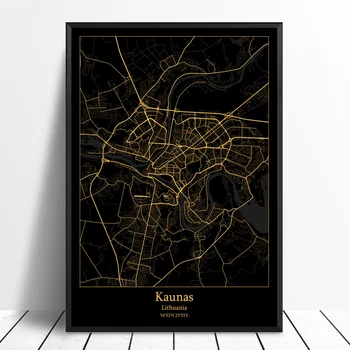 

Kaunas Lithuania,Modern City Gold Map Canvas Art Print Home Room Decor Poster
