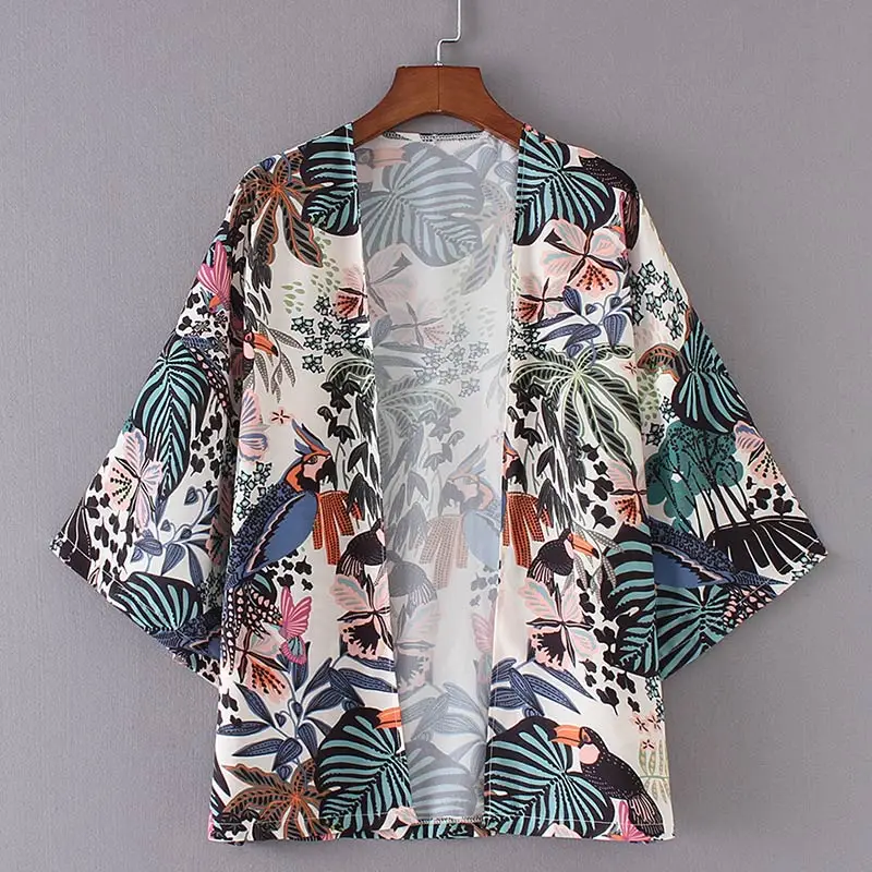

Chiffon Floral Kimono Cardigan Women's Shirt Blouse Vintage 3/4 Sleeve Spring Womens Tops and Blouses Summer Fashion Shirts Top