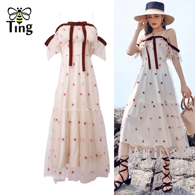 

Tingfly Design Women Summer Dress Vintage Casual Party Dress Robe Longue Femme Sexy Slash Neck Stars Embroidery Dress Sexy Tunic