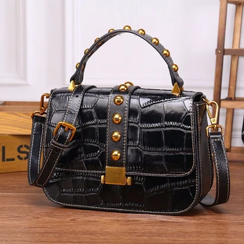 

New first layer cowhide women handbags crocodile pattern fashion shoulder bag square ladies rivet bag female totes bag handbag