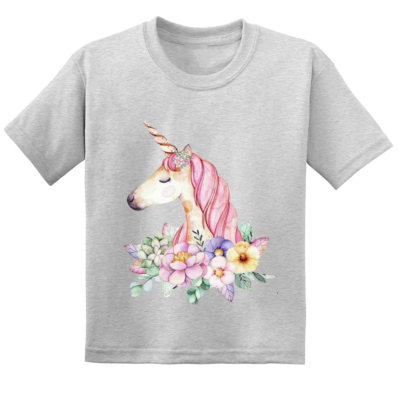 Лидер продаж, розовые детские Забавные футболки с единорогом Детская летняя хлопковая одежда в стиле Харадзюку повседневные футболки для мальчиков и девочек GKT207 - Цвет: Gray-A-