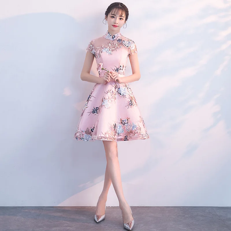 Розовое короткое тонкое платье Чонсам модное женское традиционное китайское свадебное платье Qipao Вышивка восточные воротники китайская невеста