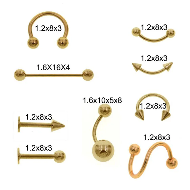 2 шт./партия 10 стилей дизайн золото хирургическая сталь брови пупка живота губы язык кольцо Нос Бар кольца, пирсинг тела, украшения оптом