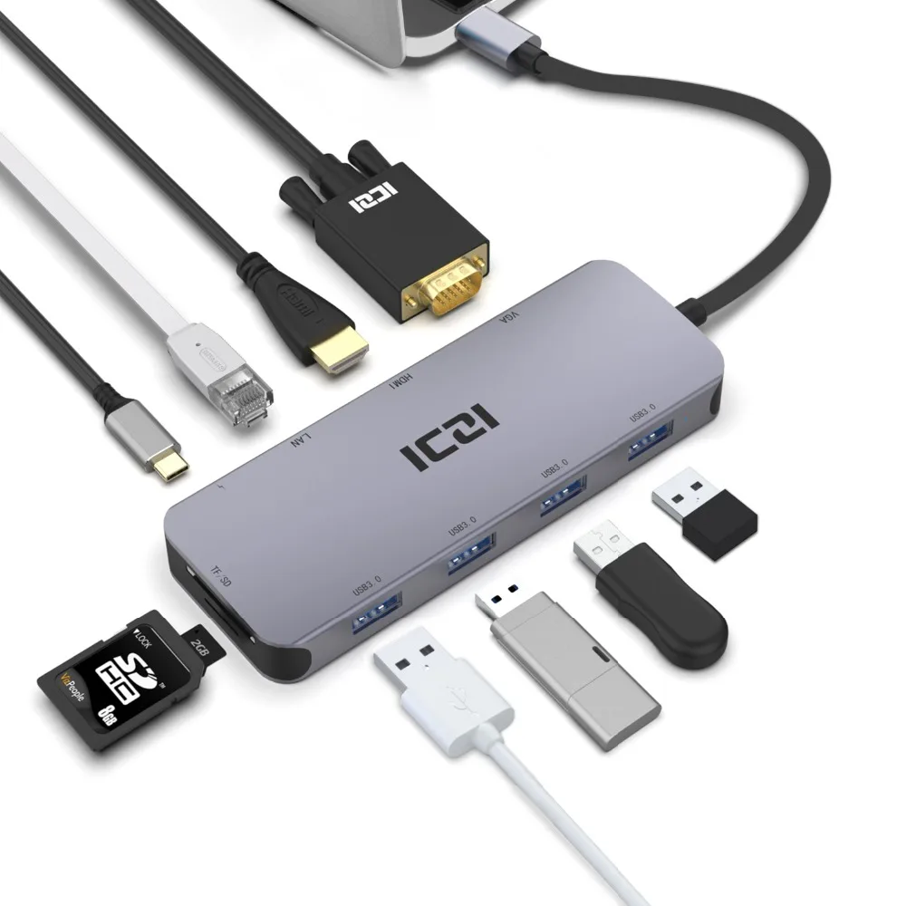 

ICZI USB C HUB 10 in 1 Type C to 4K HDMI VGA USB 3.0 Card Reader RJ45 Power Converter for MacBook 2018 Samsung S10 Huawei P30