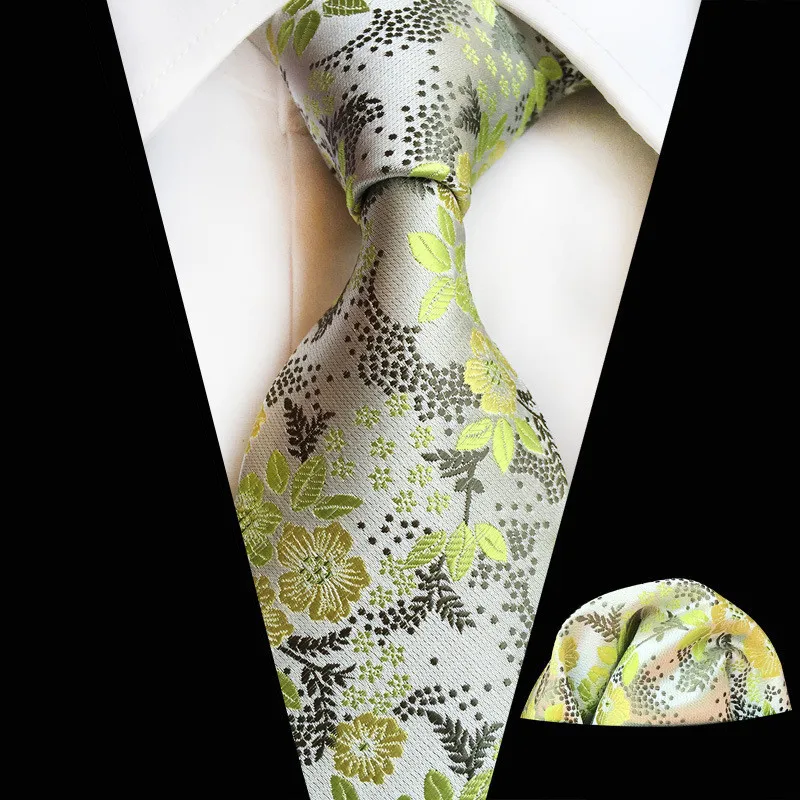 Light Green Gary Plaid Floral Tie Hanky Sets Men's 100 Silk Ties for
