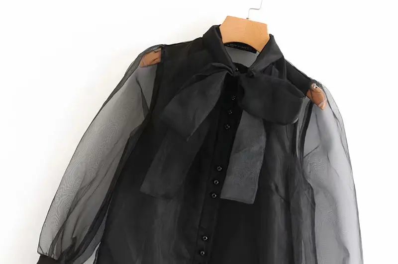 Женская винтажная сексуальная прозрачная повседневная черная блуза из органзы с бантом на воротнике, Женская деловая рубашка, женские блузы, шикарные топы