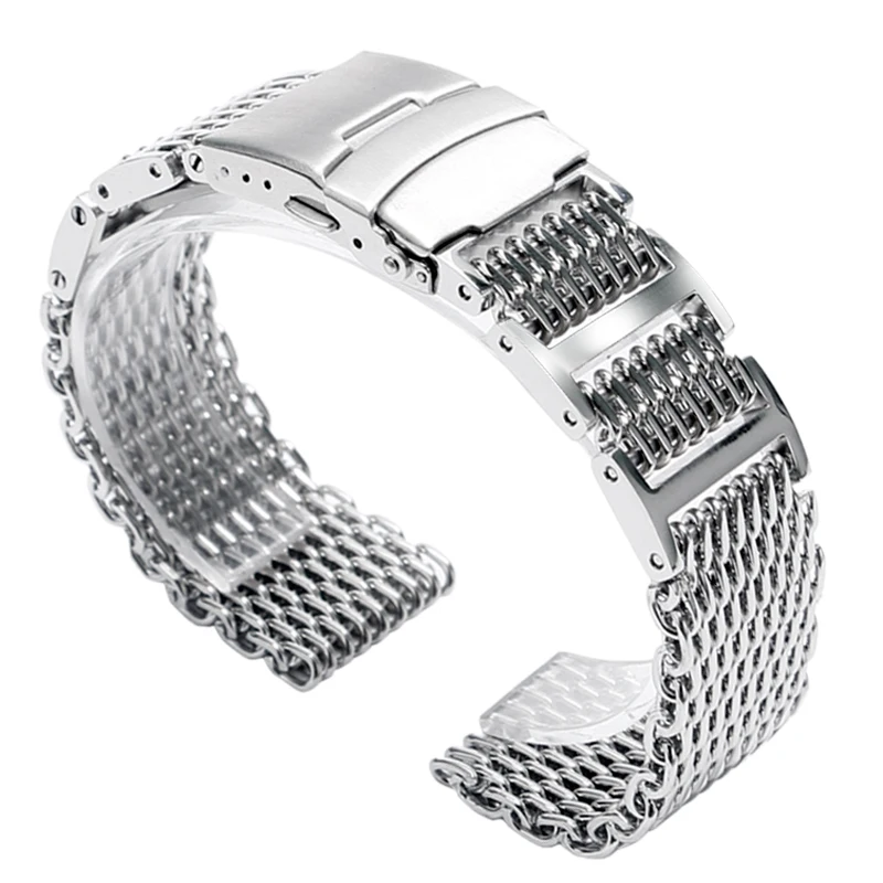 HQ Bracelet Cool Folding Clasp with Safety 20 24mm Women Men Silver Shark Mesh Solid Link 1