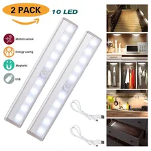 2 шт. 10 Светодиодный светильник для шкафа с датчиком движения, USB Перезаряжаемый шкаф, свет, приклеивается в любом месте для шкафа, ящика, шкафа