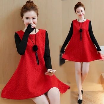 

2017 pregnant women spring dress Korean version of the long section red full sleeves loose large size plus cashmere pregnant