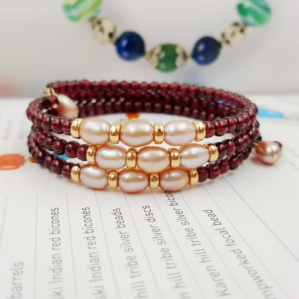 

Lii Ji Red Garnet Freshwater Pearl 3 Rows Bracelet Natural Stone 3-4mm Bead 925 Sterling Silver Gold Plated Memory Bracelet