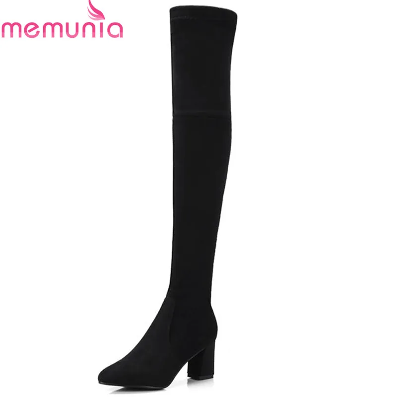 

MEMUNIA 2018 new arrive flock short plush autumn winter boots zipper solid color thigh high boots high heels party shoes woman